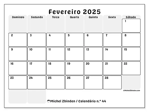 Calendário para imprimir n° 44, fevereiro de 2025