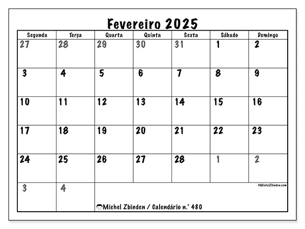Calendário para imprimir n° 480, fevereiro de 2025