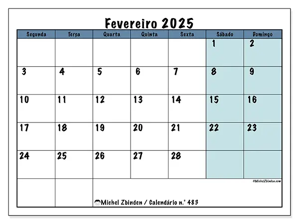 Calendário para imprimir n° 483, fevereiro de 2025