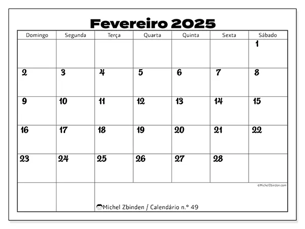 Calendário para imprimir n° 49, fevereiro de 2025