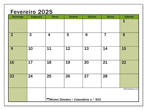Calendário para imprimir n° 503, fevereiro de 2025
