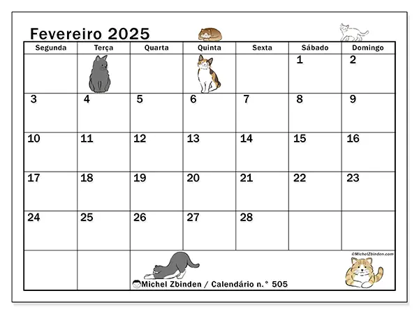 Calendário para imprimir n° 505, fevereiro de 2025