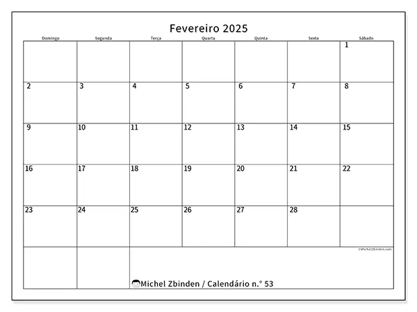 Calendário para imprimir n° 53, fevereiro de 2025