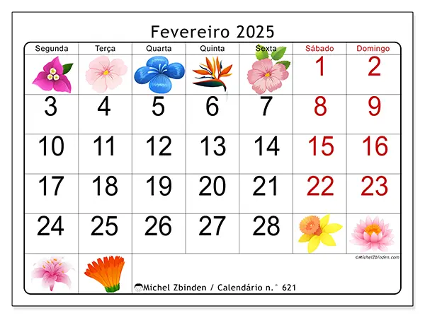 Calendário para imprimir n° 621, fevereiro de 2025