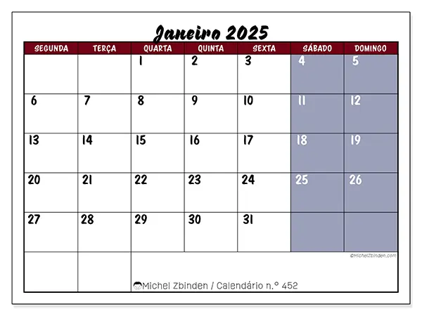 Calendário para imprimir n° 452, janeiro de 2025