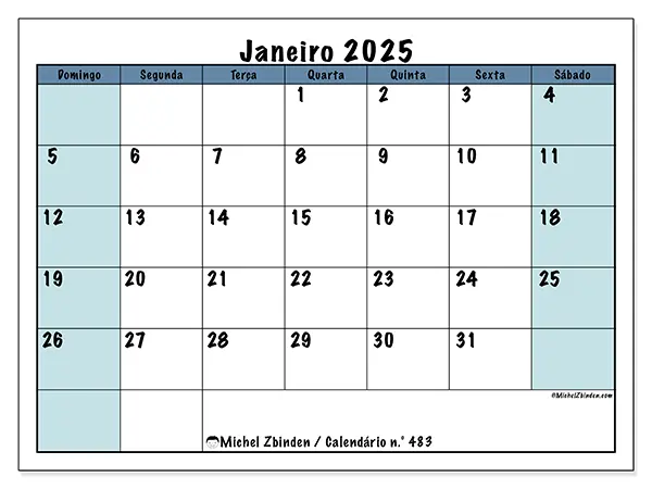 Calendário n.° 483 para janeiro de 2025, que pode ser impresso gratuitamente. Semana:  De domingo a sábado.