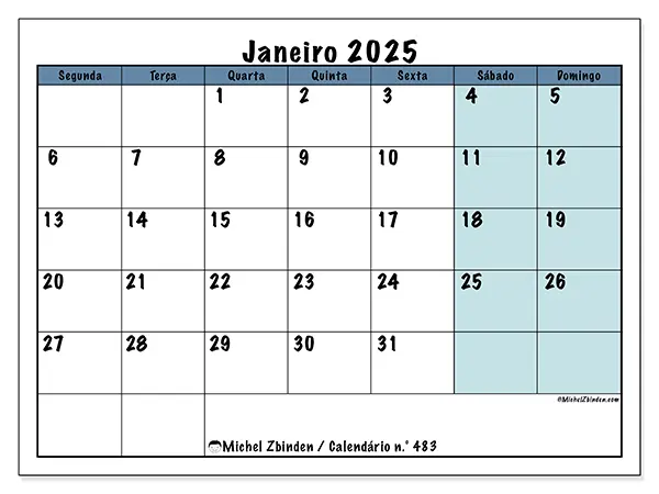 Calendário n.° 483 para janeiro de 2025, que pode ser impresso gratuitamente. Semana:  Segunda-feira a domingo.