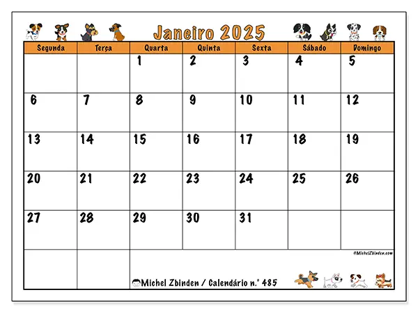 Calendário n.° 485 para janeiro de 2025, que pode ser impresso gratuitamente. Semana:  Segunda-feira a domingo.
