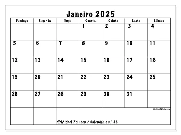 Calendário n.° 48 para janeiro de 2025, que pode ser impresso gratuitamente. Semana:  De domingo a sábado.