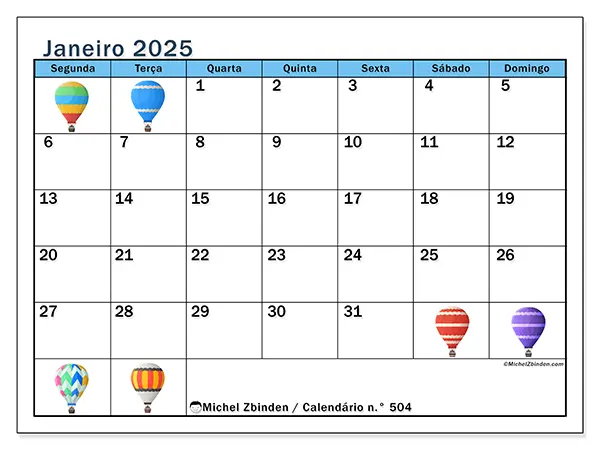 Calendário para imprimir n° 504, janeiro de 2025
