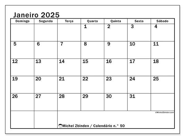 Calendário para imprimir n° 50, janeiro de 2025