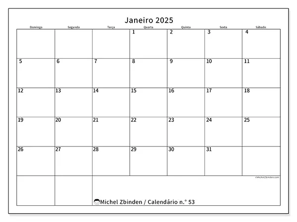 Calendário n.° 53 para janeiro de 2025, que pode ser impresso gratuitamente. Semana:  De domingo a sábado.