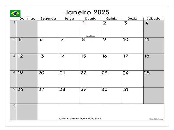 Calendário Brasil para janeiro de 2025, que pode ser impresso gratuitamente. Semana:  De domingo a sábado.