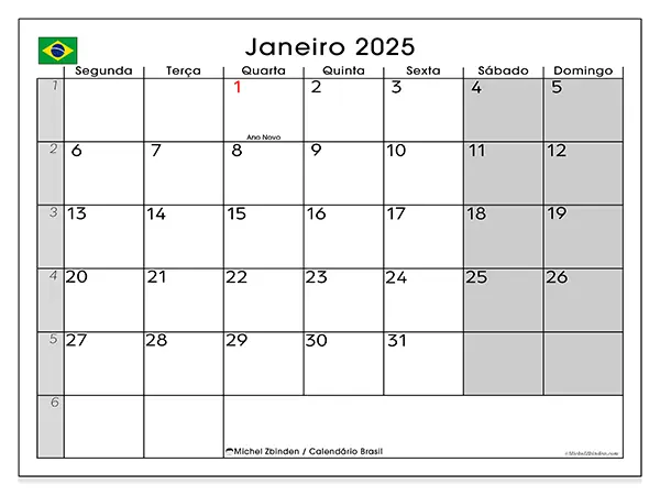 Calendário Brasil para janeiro de 2025, que pode ser impresso gratuitamente. Semana:  Segunda-feira a domingo.