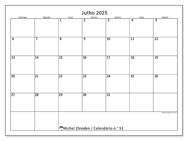 Calendário n.° 53 gratuito para imprimir, julho 2025. Semana:  De domingo a sábado