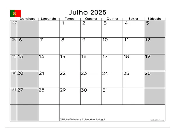 Calendário Portugal gratuito para imprimir, julho 2025. Semana:  De domingo a sábado