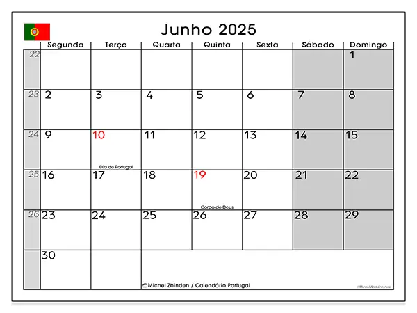 Calendário Portugal gratuito para imprimir, junho 2025. Semana:  Segunda-feira a domingo