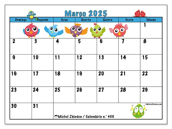 Calendário para imprimir n° 486, março de 2025