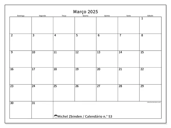 Calendário para imprimir n° 53, março de 2025