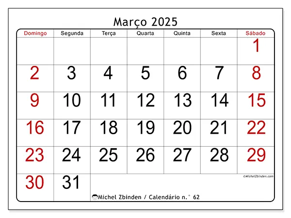 Calendário para imprimir n° 62, março de 2025