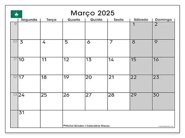 Calendário Macau para março de 2025, que pode ser impresso gratuitamente. Semana:  Segunda-feira a domingo.