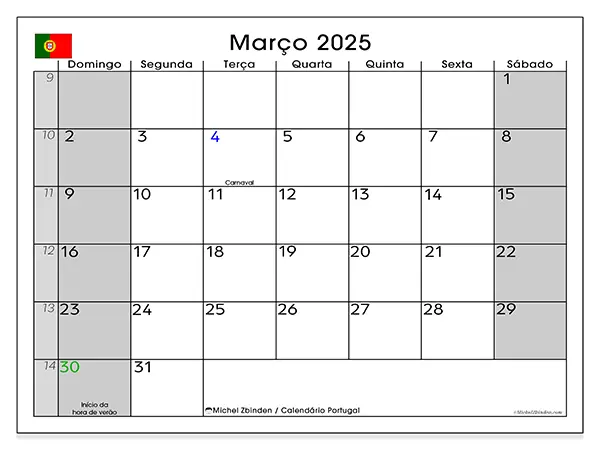 Calendário Portugal para março de 2025, que pode ser impresso gratuitamente. Semana:  De domingo a sábado.