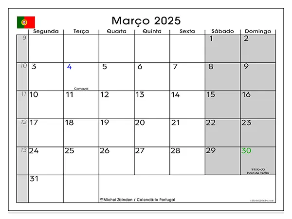 Calendário Portugal para março de 2025, que pode ser impresso gratuitamente. Semana:  Segunda-feira a domingo.