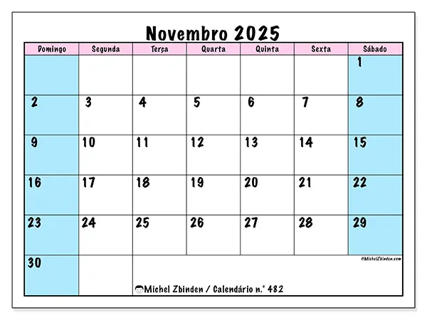 Calendário n.° 482 gratuito para imprimir, novembro 2025. Semana:  De domingo a sábado