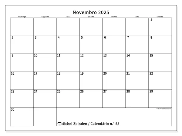 Calendário n.° 53 gratuito para imprimir, novembro 2025. Semana:  De domingo a sábado