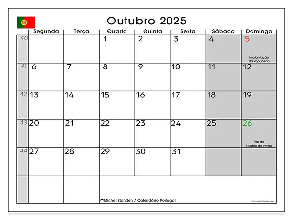 Calendário Portugal gratuito para imprimir, outubro 2025. Semana:  Segunda-feira a domingo