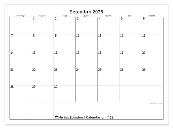 Calendário n.° 53 gratuito para imprimir, setembro 2025. Semana:  De domingo a sábado