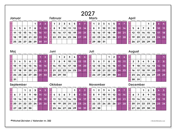 Årskalender 2027 til udskrivning - Dynamisk kontor