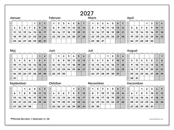 Årskalender 2027 til udskrivning - Fuld organisering