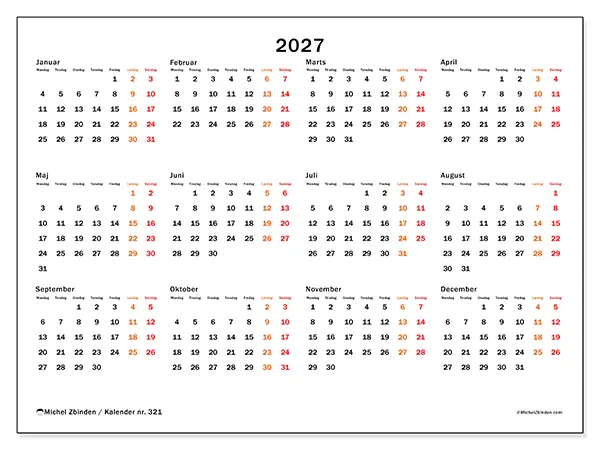 Årskalender 2027 til udskrivning - Weekend i fokus