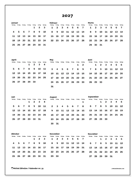 Årskalender 2027 til udskrivning - Overblik