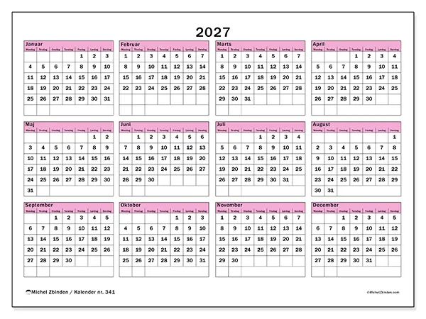 Årskalender 2027 til udskrivning - Planlægning og overblik