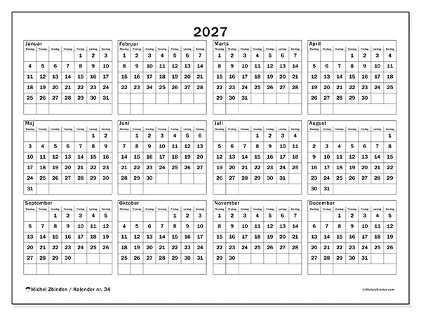 Årskalender 2027 til udskrivning - Ferie og fritid