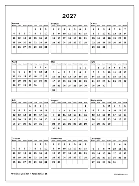Årskalender 2027 til udskrivning - Familiefester