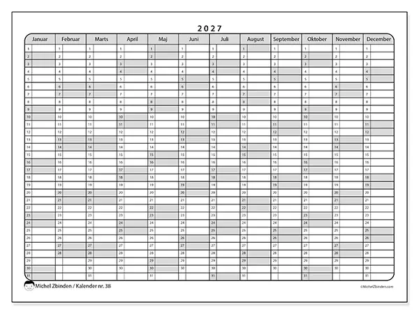 Årskalender 2027 til udskrivning - Praktiske lister