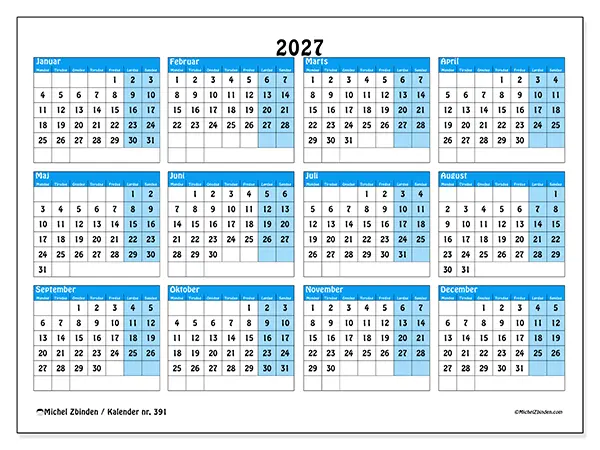 Årskalender 2027 til udskrivning - Organisering i farver
