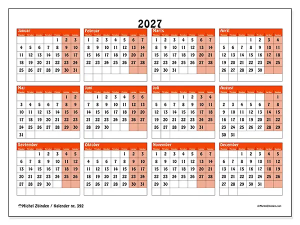 Årskalender 2027 til udskrivning - Farverig planlægning