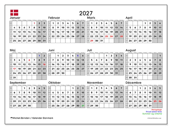 Årskalender 2027 til udskrivning - Danmark