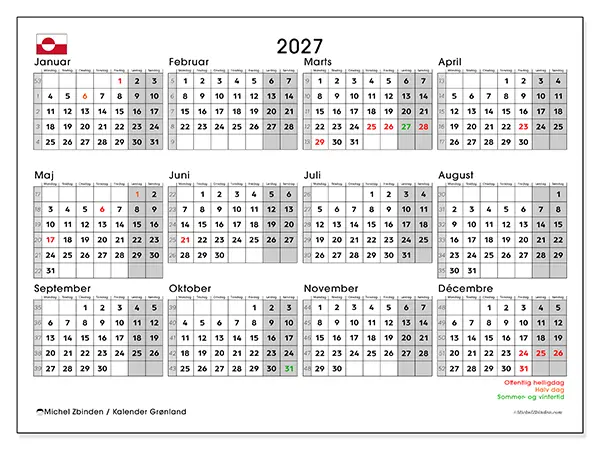 Årskalender 2027 til udskrivning - Grønland