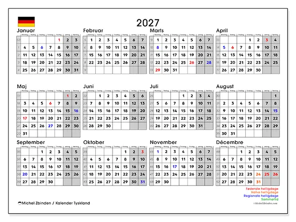 Årskalender 2027 til udskrivning - Tyskland