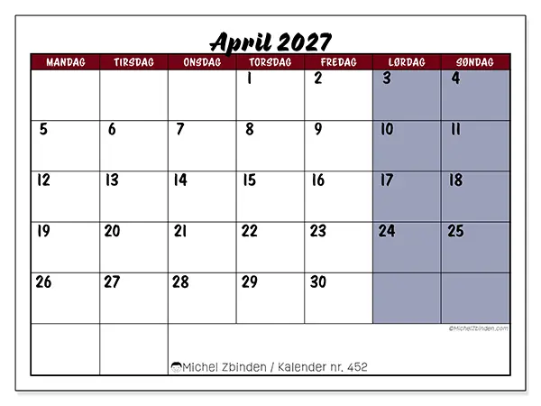 April 2027 månedskalender til udskrivning - Opgaver i farver