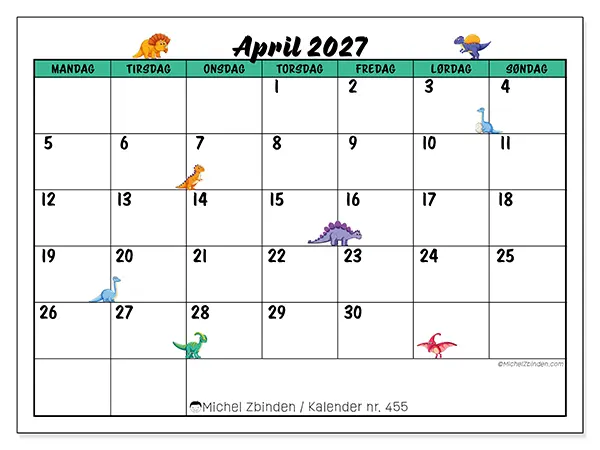 April 2027 månedskalender til udskrivning - Små dinosaurer