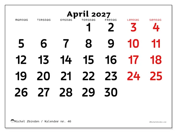 April 2027 månedskalender til udskrivning - Klart overblik