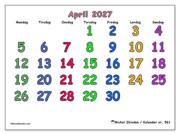 April 2027 månedskalender til udskrivning - Kreative øjeblikke
