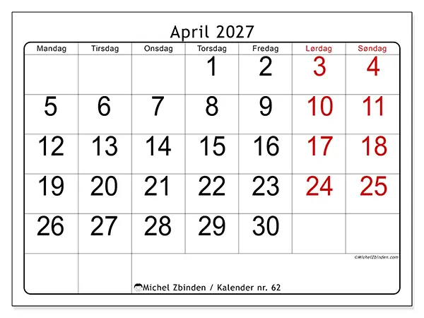 April 2027 månedskalender til udskrivning - Hurtigt overblik