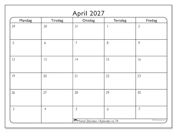 April 2027 månedskalender til udskrivning - Arbejdsorganisering